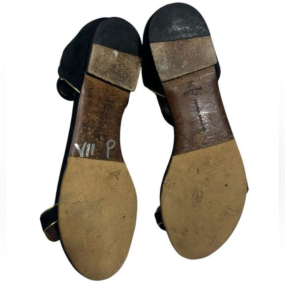 Tabitha Simmons Black Suede Scallop Strap Sandals Leather Gold Trim Size 36 - Picture 9 of 11